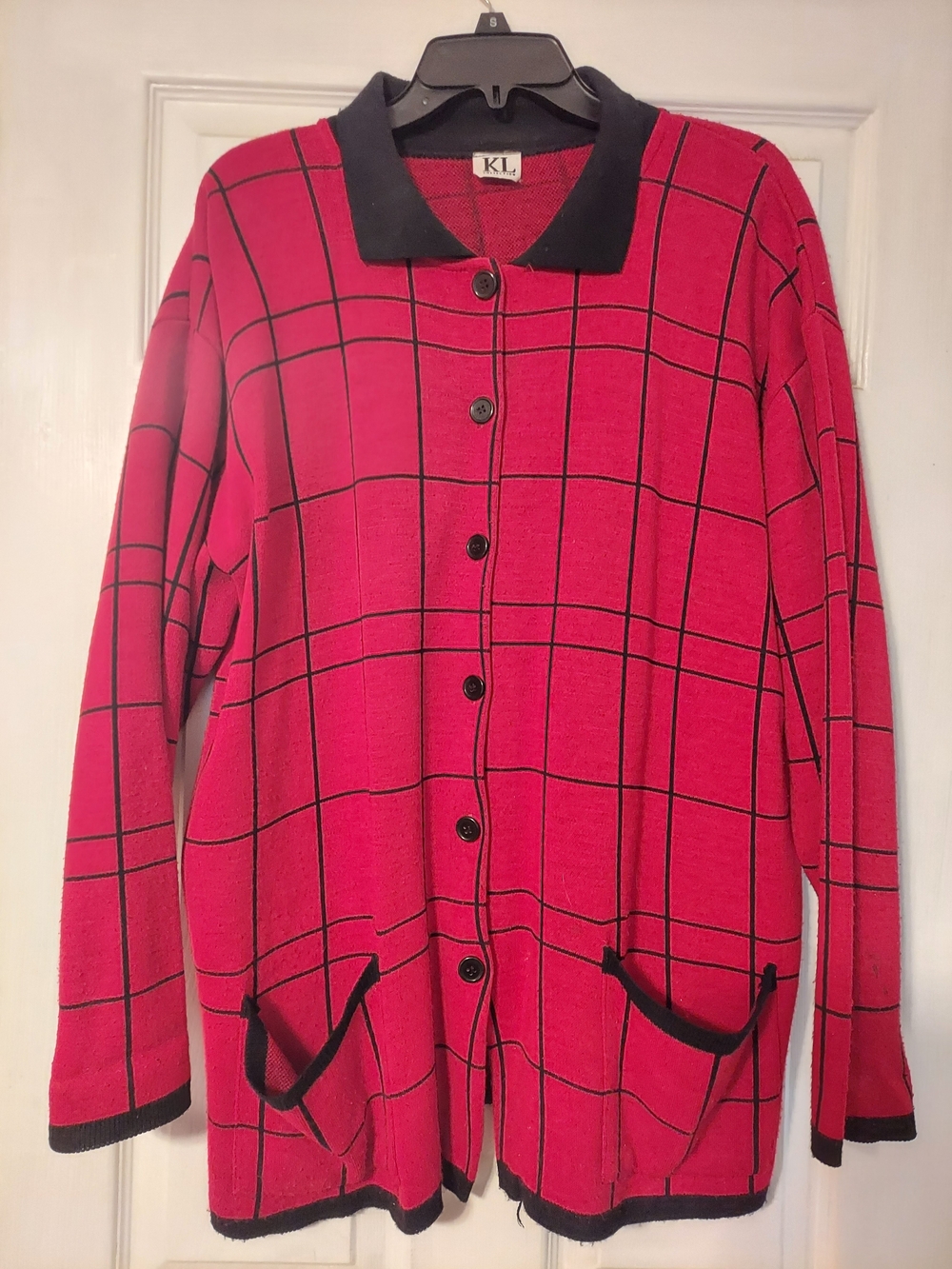 Kalli Collection Pink Windowpane Cardigan Jacket with Black Trim
